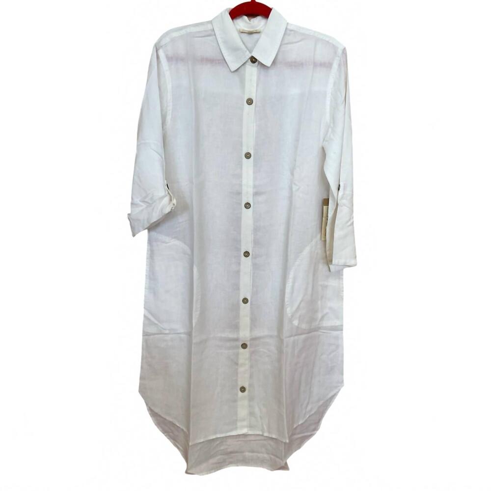 NEW ESCAPE women's lake linen getaway shirt dress in white